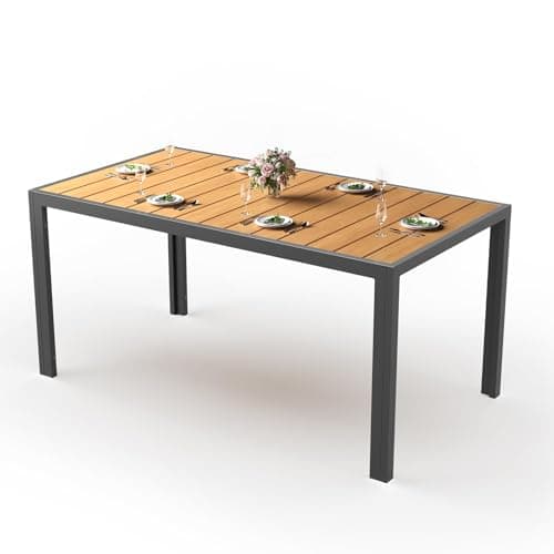 Image of JUMMICO HDPS Wood Grain Garden Dining Table, Heavy Duty Weatherproof Aluminium Outdoor Table, Easy Maintenance, Seats 4-6 People, for Patio, Garden - Teak 150x80x72cm