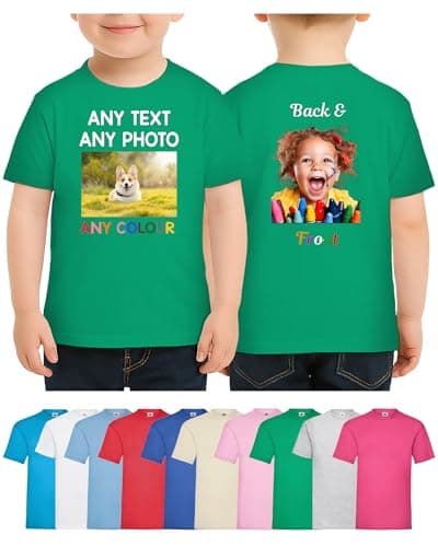 Image of Personalised Kids T Shirt Printed Photo Tshirt Any Text Create Your Own Custom Design Top Tee Girl Boys Kelly Green Age 3-4