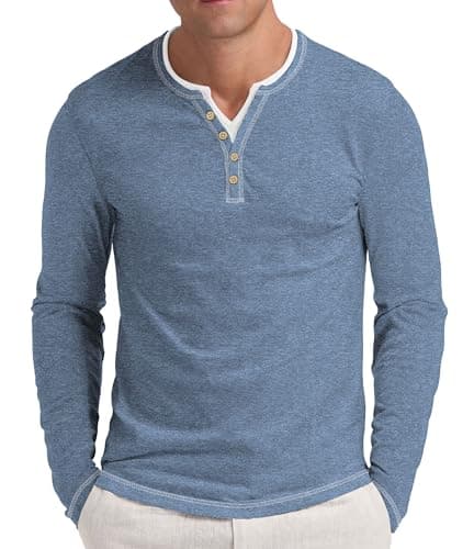 Image of NITAGUT Henley Long Sleeve Shirts for Men Color Lines T-Shirts Casual Tees Button Washed Basic Mens Henley Tops,Blue,L