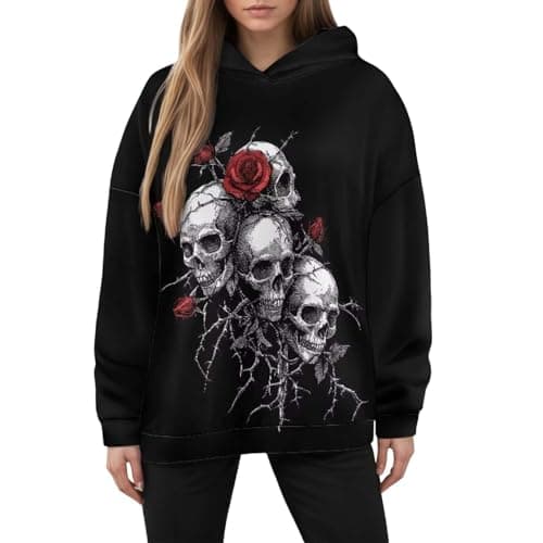 Image of Generic Women's Hoodie with Skull and Rose Print - Gothic Style Hooded Sweatshirt with Skulls and Thorns | Dark and Romantic Sweatshirt for Women, L