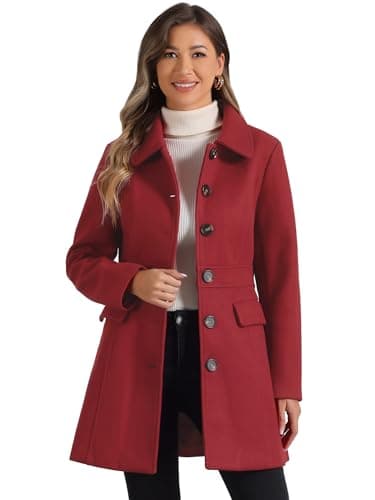 Image of Allegra K Women's Winter Peter Pan Collar Single Breasted Outwear Buttoned Long Coat Dark Red M