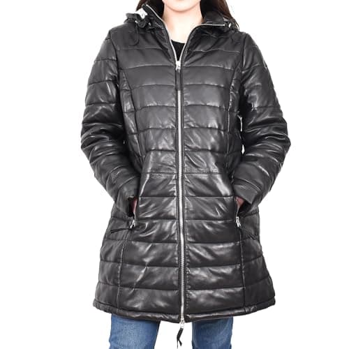 Image of Divergent Retail Ladies Premium Leather 3/4 Length Parka Coat Detachable Hoodie Puffer Jacket Black Ramona (UK, Numeric, 16, Regular, Tall, Black)