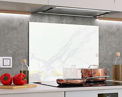 Image of BELOFAY 50x60cm White Marble Tempered Glass Splashback/backsplash for Kitchen | 6mm Toughened Glass Heat Resistant Splashbacks for Hob Cookers 500x600mm
