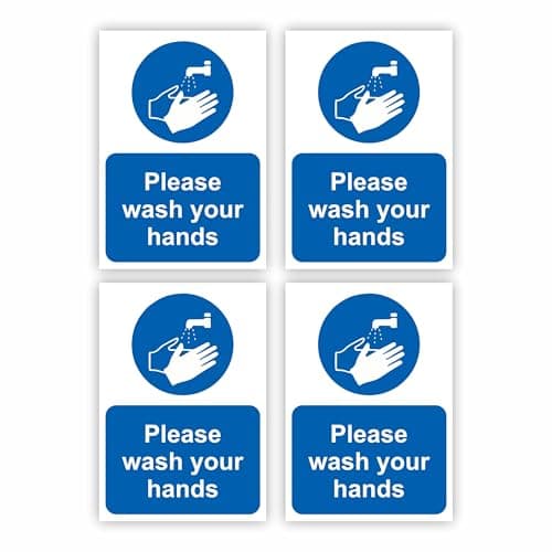 Image of Please Wash Your Hands Self-Adhesive Signs (4-Pack) / 7x10cm Each (Pack of 4) / Portrait Orientation Removable & Wipeable/Indoor or Outdoor Stickers/Gloss Finish /
