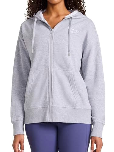 Image of Reebok Women's Embroidery Full-Zip Hoodie, Standard Fit, Midweight Cotton-Poly Fabric Hoodie, grey mixed, L