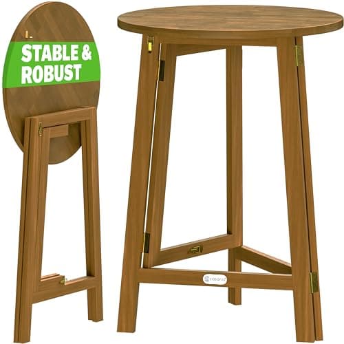 Image of CASARIA® Wooden Bar Table | 110cm High 80cm Diameter | Foldable Design | Round Solid Rustic Indoor Outdoor Bistro Table | Beer Cocktail BBQ Beer Garden Party | Acacia Wood Folding Table | Brown