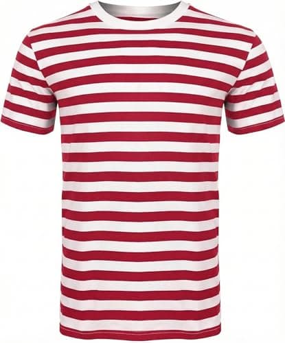 Image of FAIRY TRENDZ® Men Women's Striped Cotton T-Shirt - Unisex Crew Neck Short Sleeve Stripes T-Shirt Casual Summer Top (Red White, Small)