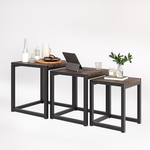 Image of Diahomy Nesting Coffee Table, Set of 3 End Tables, Metal Frame Square Corner End Desk for Living Room Bedroom Office Industrial Style, Walnut