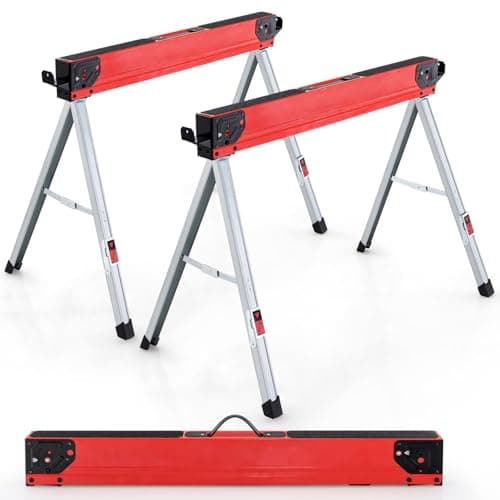Image of TANGZON 1000KG Folding Saw Horses Twin Pack, 2PCS Heavy Duty Workbench Metal Trestle Stands with 2 x 4 Support Arms, Portable Sawhorses Pair（Black+Red,106 x 59 x 76 cm)