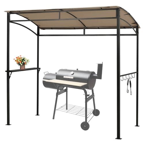 Image of SPOTRAVEL BBQ Grill Gazebo, Outdoor BBQ Shelter with Side Shelf & 5 Hooks, Metal Frame Sunshade Awning Canopy Tent for Garden Patio Backyard (Brown, 216 x 108cm, no Extra Shadow)