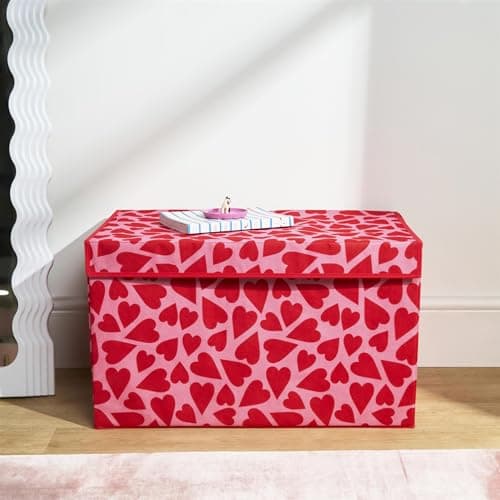 Image of OHS Large Collapsible Storage Box, Valentines Gifts for Women Hearts Print Foldable Storage Box with Lid Wardrobe Organiser Bin Handle Fabric Basket Organiser for Clothes Book Shelf Office, Pink