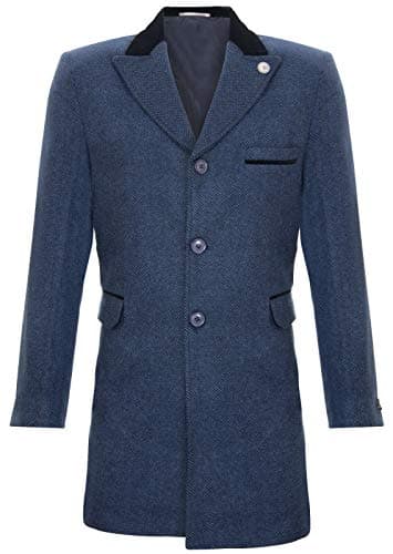 Image of TruClothing Mens 3/4 Long Navy Warm Winter Crombie Business Overcoat Jacket Herringbone Tweed Coat 42