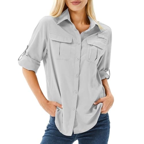 Image of Winebox Women's UPF 50 Shirts Long Sleeve Sun Protection UV Quick Dry Casual Outdoor Safari Walking Fishing Hiking Travel Shirts(Grey-s)