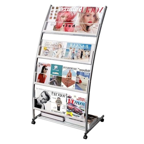 Image of SUNDOY 4-Pocket Floor Standing Brochure Display Stand – Metal Magazine Stand Literature Rack with Wheels for Trade Shows, Exhibitions, Offices & Retail Stores (Silver-4-layer)