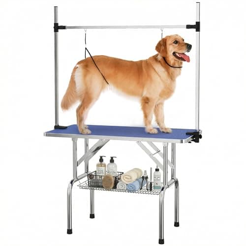 Image of PawHut 42" Dog Grooming Table Adjustable Pet Cat Drying Beauty Table Rubber Top with 2 Loops Storage Basket Metal Blue