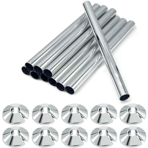 Image of 10 PCS Radiator Pipe Covers and Collars, 15mm x 200mm and 16mm Chrome Coverings for Radiator Pipe (Silver)