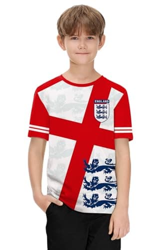 Image of BesserBay Boys Girls England Patriotic Football Jersey Short Sleeve Soccer Sport T-Shirt England-White Red Blue 13-14 Years