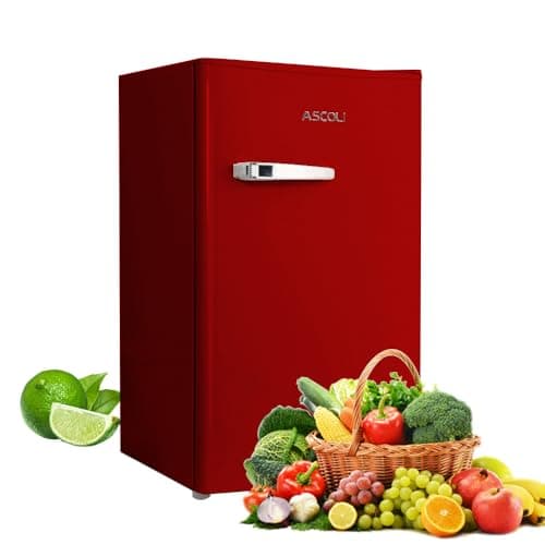 Image of ASCOLI Retro Mini Fridge 85L, Compact Refrigerator, Under Counter Fridge, Direct Cooling, Super Quiet, Adjustable Racks, Metal Handle, Mechanical Control, Led Light