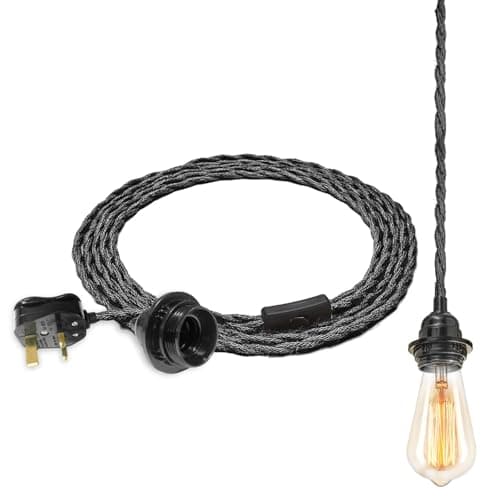 Image of Industrial Pendant Light Ceiling Lighting Fitting, E27 Socket, Hemp Rope Plug in Cord with On/Off Switch-UK Plug, DIY Hanging Light Kit Fixture (Black, 3m)