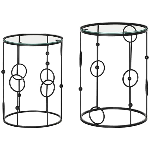 Image of HOMCOM Round Coffee Table Set of 2, Nesting Side End Tables with Tempered Glass Top and Steel Frame for Living Room, Black