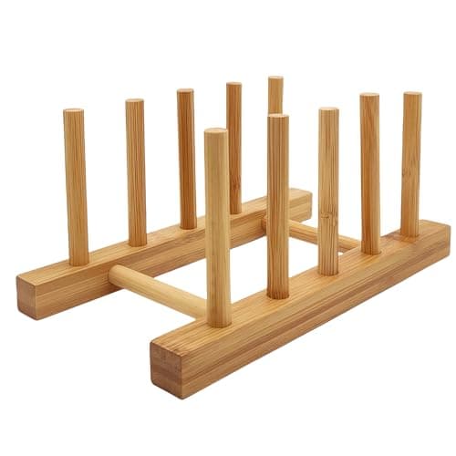 Image of efbock Plate Rack Holder for Kitchen Cupboards Bamboo Wooden Chopping Board Tray Dish Rack Stand Drainers, Kitchen Cabinet Organizer for Plate/Cup/Pot Lid (1, 4 slots)