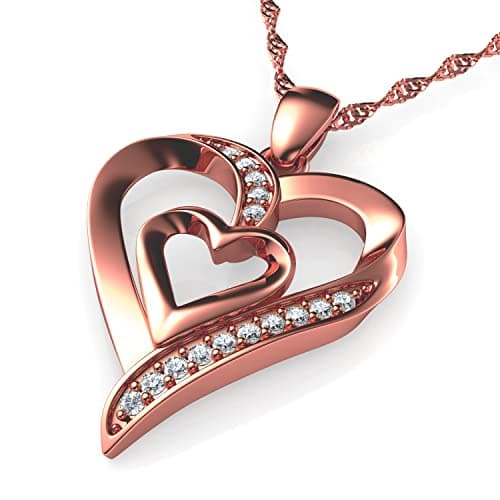 Image of DEPHINI - Heart Necklace - 925 sterling silver Double Hearts Pendant - Cubic Zirconia - Jewellery for Women (Rose gold 2)