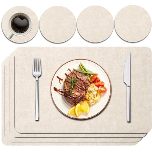 Image of Purejoy Placemats and Coaster Sets 4, PU Leather Heat-Resistant Washable Non-Slip 43 * 30 cm Dinner Table Mats Set of 4 with Coasters for Kitchen Dining Table Indoor Outdoor (Beige)