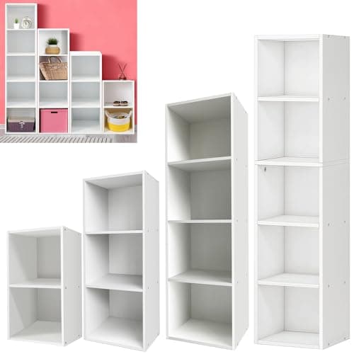 Image of Rigogo 3 Tier Cube Storage Unit, 5 Cube Bookcase, Wooden Cube Organiser Shelving Unit Storage Shelves for/Livingroom and Bathroom, 32cm x 24cm x 80cm