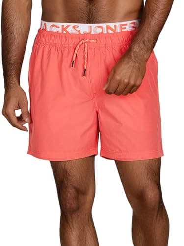 Image of JACK & JONES Maui JJSWIM Men's Long Swimming Shorts Double Waistband Shorts Black Blue Coral S M L XL XXL 3XL, Hot Coral (12281192), XXL