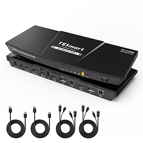 Image of TESmart HDMI+DP 4K@60Hz KVM Switch, for 2 Computers 2 Monitor | HDMI & DisplayPort Inputs w/EDID Emulator | USB Hub, L/R Audio | Hotkey/IR/Button Switching | 2 Display Modes | Zero Delay K&M