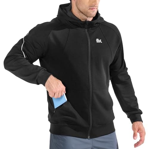 Image of BROKIG Mens Zipup Gym Hoodies, Running Jacket Tracksuit Sports Coat Casual Hooded Sweatshirt with Pockets (X-Large, Black)