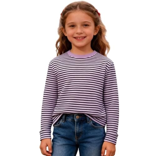 Image of Striped Shirt Children's Red/White Striped Long Sleeve Shirt Girls Boys Shirt Glunker Crew Neck T-Shirt Top Striped Long-Sleeved Pullover Sailors Carnival Fancy Dress Costume 3-14 Years, C-purple, 13