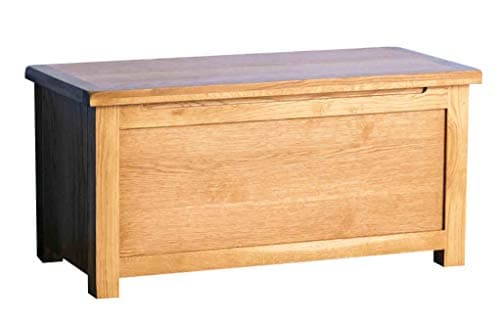 Image of RoselandFurniture Surrey Oak Blanket Box, Ottoman Shoe Storage Bench Chest | Large Solid Wooden Trunk or Toy Box for Bedroom, Hallway or Kids Room, Fully Assembled, W:87cm H:42.5cm D:42.5cm