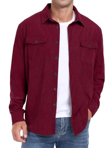 Image of QIXING Men's Corduroy Button Down Shirts Long Sleeve Shacket Trucker Jacket Autumn Winter Coats with Flap Pockets (Wine Red, XL)