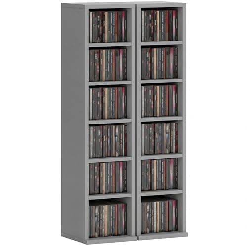 Image of HOMCOM 204 CD Storage Units Set of 2, Blu-Ray Tower Rack with Adjustable Shelves, Bookcase Storage Organiser, Light Grey