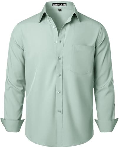 Image of PARKLEES Men's Regular Fit Dress Shirt Solid Wrinkle-Free Long Sleeve Casual Business Button Up Shirts with Pocket ZSSCL05-Light Green XX-Large