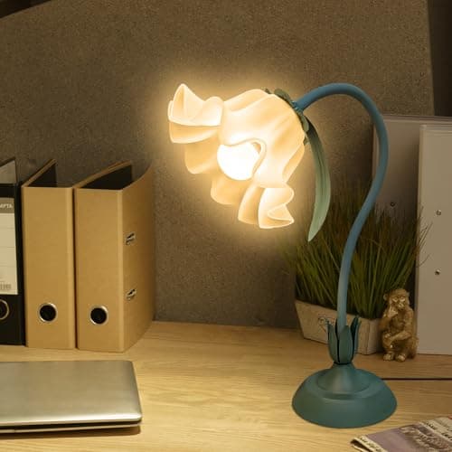 Image of YATOSEEN Vintage Flower Table Lamp for Bedroom, 3 Colors Modes Lily of The Valley Bedside Lamp with E27 Bulb, Adjustable 360° Lamp Neck for Living Room Office Reading