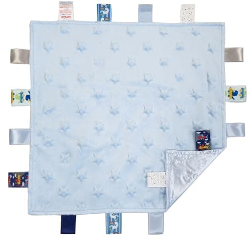 Image of Soft Touch Taggie Comforter Baby Comfort Blanket with Sensory Tags and Bubble/Heart/Star/Foil Print Pattern (Blue Star)