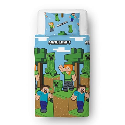 Image of Minecraft Official Single Duvet Cover Set, Epic Design | Blue Reversible 2 Sided Bedding Duvet Cover Official Merchandise Including Matching Pillow Case