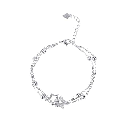 Image of Star Shaped Double Layer Round Bead Bracelet for Women, Dainty Two Layer Star Charm Bracelet, Sparkly Adjustable Silver Bracelet Jewelry Gift for women
