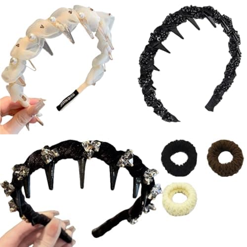 Image of 6PCS Vintage High Cranium Artificial Pearl Hairband, Crystal Velvet Wave, Mesh Pearl & Beaded Headband Plus 3 Hair Ties in Black, Brown & Beige, Elegant Hair Accessories for Women, Bridal