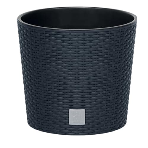 Image of B2C Round Planter Plant Flower Pot Outdoor Garden Weatherproof with Insert Rattan Look Plastic Indoor Outdoor Patio Home Decor (Anthracite, 20cm - 4 Litres)