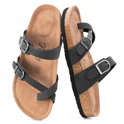 Image of FITORY Women's Slide Sandals with Soft Cork Footbed, Comfort Arch Support Flat Sandals for Summer Matte Black Size 4