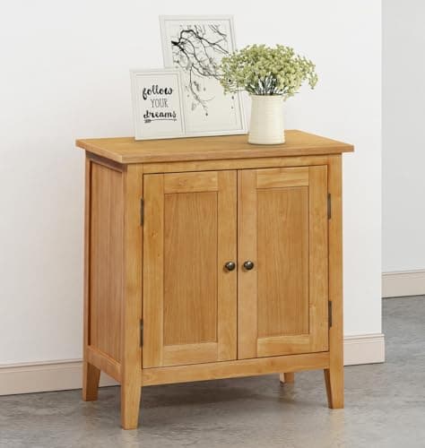 Image of Hallowood Furniture Aston 2-Door Small Oak Cupboard, Wooden Storage Cabinet with Adjustable Internal Shelf, Multipurpose Light Oak Cupboards for Kitchen, Living Room or Bedroom