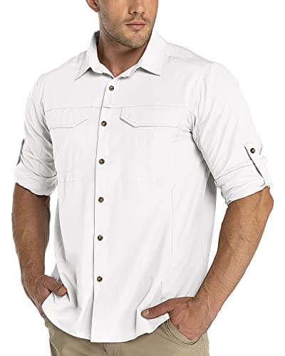 Image of 33,000ft Men's Long Sleeve Hiking Shirt Lightweight Quick Dry UV Button Shirts with Pockets Outdoor Shirts for Safari Walking Fishing White L