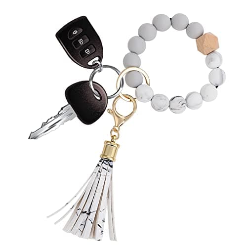 Image of WLLHYF Silicone Keychain Bracelets, Beaded Wristlet Bangle Card Pocket Wallet Key Ring Car Key Bangle Chains with Leather Tassel for Women and Girls Valentine's Day Gift (White)