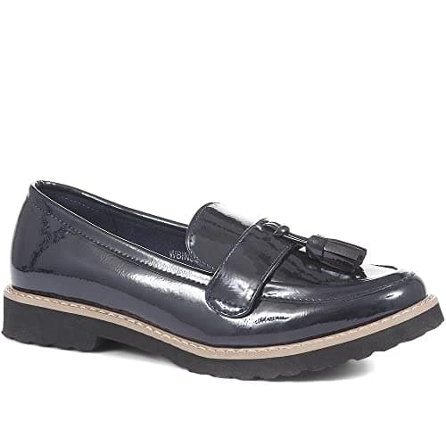 Image of Pavers Ladies Chunky Tassel Loafers in Black Patent- Perfect for Everyday Style & Superior Comfort - Lightweight & Easy Slip On - Size UK 4 / EU 37