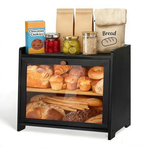 Image of ZZBIQS 2 Tiers Wooden Bread Bin Bamboo Bread Storage Box for Kitchen, Large Capacity Wood Breadbox Holder Containers Organizer with Clear Glass Window Door Panel for Countertop (Black)