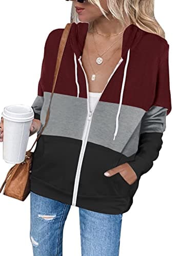 Image of iChunhua Women Casual Color Block Zip up Long Sleeve Hooded Hoodies Sweatshirts with Pockets Burgundy Large