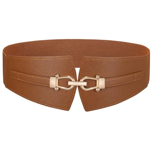 Image of SANSTHS Brown Belt Women Faux Leather Elastic Wide Laides Belt for Dresses Halloween Costume Fall Coat for Wedding Cocktail Party Womens Gift Brown M